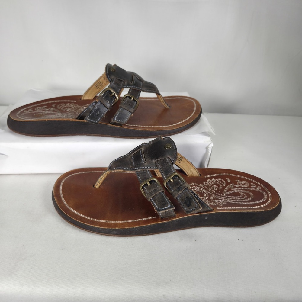 Olukai Honoka's Womens Size 7 Brown Leather Thong Sandal Double Strap Flip Flop
